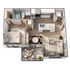 Modern 3D floor plan showcasing a cozy bedroom, elegant bathroom, contemporary kitchen with island, and inviting living area with stylish furniture.
