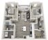 Charming 3D floor plan featuring 2 bedrooms, a contemporary open-concept kitchen and living area, along with two stylish bathrooms.