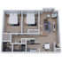 Chic 3D floor plan featuring two spacious bedrooms, cozy living room, modern kitchen, and inviting dining area with stylish wooden flooring.