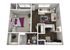 Chic apartment floor plan showcasing a cozy bedroom, stylish living room, modern kitchen, and well-designed bathroom with elegant decor.