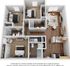 Elegant 3D floor plan featuring 2 spacious bedrooms, a modern open-concept living and dining area, and a sleek kitchen with contemporary finishes.