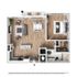 Modern 3D floor plan featuring a spacious open-concept living room, a stylish kitchen with island, and a cozy bedroom with an en-suite bathroom and large walk-in closet.