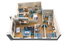 Modern 3D floor plan featuring four cozy bedrooms, two stylish bathrooms, an open kitchen with elegant countertops, and a spacious living area adorned with contemporary decor.