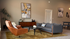 Chic living room with modern decor featuring a stylish gray sofa, sleek wooden coffee table, and abstract art on the walls.