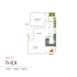 Modern 910 sq ft floor plan 'THEA' featuring 1 bedroom, 1 bath, and a spacious patio with open living and dining areas.