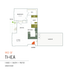 Thea floor plan showcasing 1 bed, 1 bath, open dining area, spacious living room, modern kitchen, and private patio, 910 sq ft with garage.