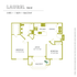 Laurel floor plan with 950 sq ft, featuring 2 spacious bedrooms, 1 elegant bathroom, inviting living area, efficient kitchen, and charming balcony.