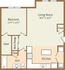 The Sandhills one-bedroom, apartment floor plan with one bathroom, living room, kitchen, multiple closets, and storage space.