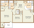 The Oasis two-bedroom floor plan with two bathrooms, living room, dining room, kitchen with pantry, desk area, closets, storage, and porch.