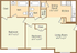 The Highlander two-bedroom apartment floor plan with two bathrooms, living room, dining room, kitchen, closets, and storage space.