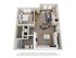 3D rendering of The Sandhills one-bedroom, apartment floor plan with one bathroom, living room, kitchen, multiple closets, and storage space.