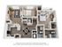 3D rendering The Pinecrest two-bedroom apartment floorplan with two bathrooms, living room, dining room, kitchen, pantry, closets, storage, and porch.