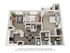 3D rendering of The Oasis two-bedroom floor plan with two bathrooms, living room, dining room, kitchen with pantry, desk area, closets, storage, and porch.