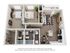3D rendering of The Enclave two-bedroom floor plan with two bathrooms, living room, dining room, kitchen, laundry area, walk-in closet, storage, and deck.
