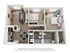 3D rendering of The Highlander two-bedroom apartment floor plan with two bathrooms, living room, dining room, kitchen, closets, and storage space.
