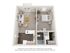 3D rendering of The Kindley one-bedroom, one-bathroom apartment floor plan with living area, kitchen, laundry space, closet storage, and an outdoor patio or balcony.