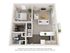 3D rendering of The Lewis one-bedroom, one-bathroom apartment floor plan with living area, kitchen, walk-in closet, laundry space, and an outdoor patio or balcony.