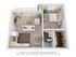 3D rendering of The Sunset one-bedroom. one bathroom apartment floor plan with living area, dining area, kitchen, walk-in closet, and outdoor patio.