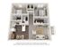 3D rendering of The Thayer two-bedroom, two-bathroom apartment floor plan with living area, dining area, kitchen with island laundry space, closets, and an outdoor patio.