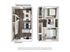 3D rendering of The Jefferson two-bedroom townhome floor plan with one bathroom, living room, dining area, kitchen, closets, and two-level layout.