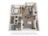 3D rendering of The Sandhills one-bedroom, apartment floor plan with one bathroom, living room, kitchen, multiple closets, and storage space.