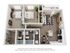 3D rendering of The Enclave two-bedroom floor plan with two bathrooms, living room, dining room, kitchen, laundry area, walk-in closet, storage, and deck.