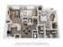 3D rendering The Pinecrest two-bedroom apartment floorplan with two bathrooms, living room, dining room, kitchen, pantry, closets, storage, and porch.