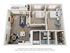 3D rendering of The Reserve two-bedroom apartment floor plane with two bathrooms, living room, dining room, kitchen, laundry area, closet, and porch.
