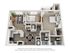 3D rendering of The Oasis two-bedroom floor plan with two bathrooms, living room, dining room, kitchen with pantry, desk area, closets, storage, and porch.