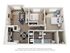 3D rendering of The Highlander two-bedroom apartment floor plan with two bathrooms, living room, dining room, kitchen, closets, and storage space.