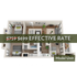Contemporary 3D apartment model unit showcasing 2 bedrooms, a stylish living room, and modern kitchen at an effective rate of $699.