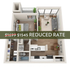 Charming one-bedroom apartment floor plan with an open living area, cozy bedroom, modern kitchen, and private balcony. Now available at a reduced rate of $1545, down from $1699.