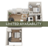 Modern 3D floor plan with one bedroom, cozy living space, and a stylish loft area, showcasing limited availability.