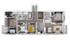 Contemporary 2D floor plan showcasing a spacious apartment with three bedrooms, open living and dining area, modern kitchen, and ample storage space.