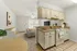 Kitchen with dining table in foreground and living room in background