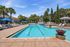 Inviting resort-style swimming pool with sun loungers, surrounded by lush palm trees and modern architecture.