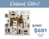 Chic 3D floor plan showcasing spacious 3-bedroom apartment with open living and dining area at a reduced rate of $691, limited availability.