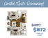 Inviting 3D floor plan showcasing 2 bedrooms, spacious living area, and modern kitchen. Special offer: rent reduced to $872. Limited spots remaining!