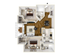 Modern 3D floor plan featuring 2 spacious bedrooms, an open living area, and a contemporary kitchen layout with elegant wood flooring.