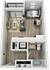 Modern studio apartment floor plan with a cozy living area, stylish bedroom, efficient kitchen, and a sleek bathroom. Includes private balcony access and in-unit washer/dryer.