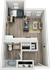 Modern studio apartment floor plan featuring an open-concept living and sleeping area, compact kitchen, and stylish bathroom.