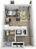 Cozy studio apartment floor plan featuring an open living area, modern kitchen, and integrated laundry space.