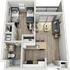 Modern 1-bedroom apartment floor plan featuring an open-concept kitchen and living area, spacious bathroom, and cozy balcony.