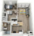 Modern 2D floor plan showcasing 1-bedroom, open-plan living area with sleek kitchen, dedicated workspace, and spacious bathroom.