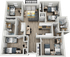 Contemporary 3D apartment floor plan featuring three spacious bedrooms, a bright open living area, modern kitchen, and two elegant bathrooms.