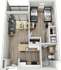 Modern 2D apartment floor plan showcasing a cozy living area with a balcony, two bedrooms, an open kitchen with an island, and a stylish bathroom.