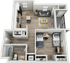 Modern 3D floor plan featuring two cozy bedrooms, a stylish open-concept living area with a contemporary kitchen, and a spacious bathroom. Includes a balcony for outdoor relaxation.
