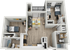 Chic 3D floor plan showcasing 2 bedrooms, a cozy living room, modern kitchen, and dual bathrooms with stylish interiors.