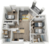 Modern 3D floor plan showcasing 2 bedrooms, a cozy living room, stylish kitchen, and two bathrooms with a balcony view.
