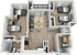 Modern 3-bedroom apartment floor plan with open living area, elegant kitchen, and dual bathrooms.